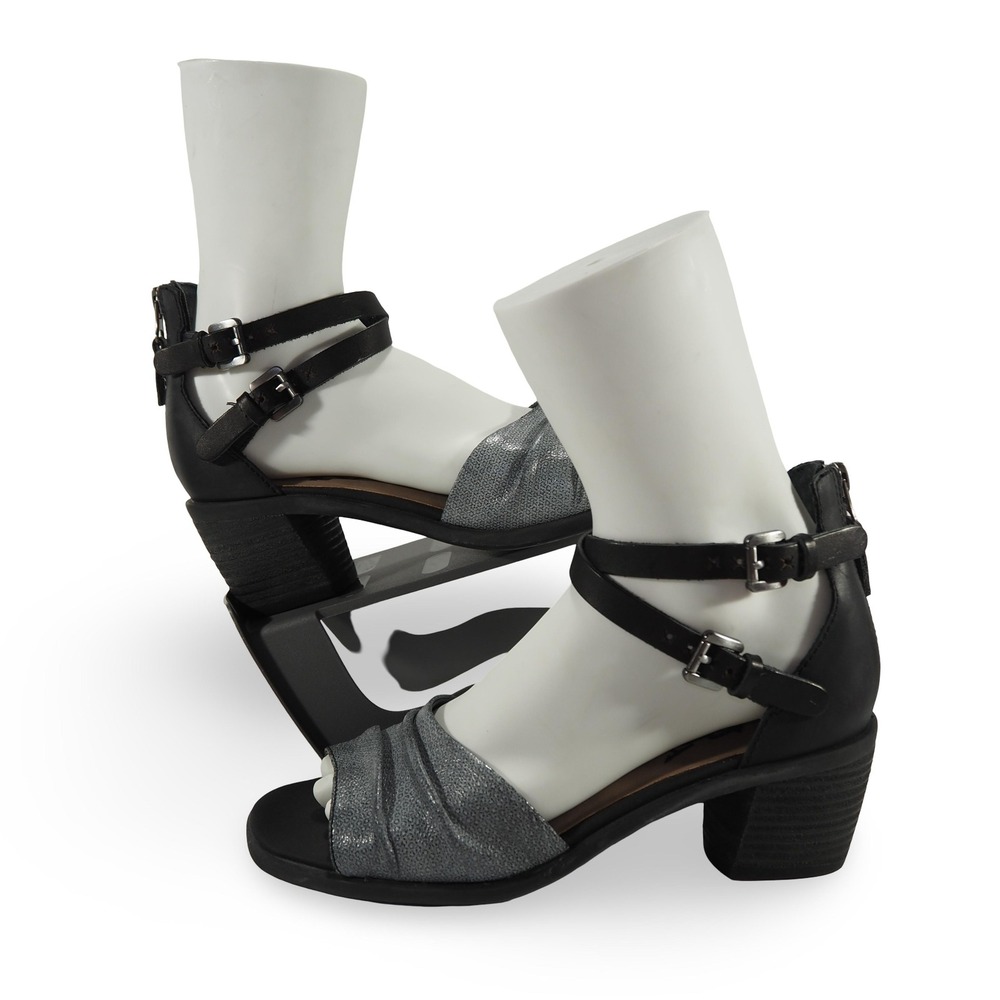 OTBT Boarder Heeled Sandal Women Size 8 Black Pewter Leather Ankle Strap Zip